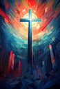 Christianity Holy cross in sky art illustration poster, Christian events design, Easter, church