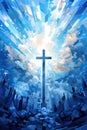 Christianity Holy cross in sky art illustration poster, Christian events design, Easter, church