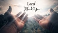 Christianity and prayer concept - Lord I thank you with hands reaching out to bright sky background.