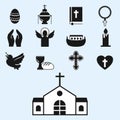 Christianity religion flat icons vector illustration of traditional holy religious black silhouette praying people Royalty Free Stock Photo