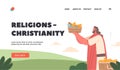 Christianity Religion Landing Page Template. Jesus Distribute Bread and Fish. Biblical Narrative about Feeding Crowd
