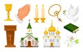 Christianity religious symbols set isometric vector illustration. Spiritual elements religion
