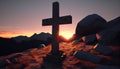 Christianity Sunset against mountain cross silhouette signifies religion ,generative AI