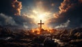 Christianity symbol, the cross, silhouetted against a dramatic sunset generated by AI Royalty Free Stock Photo