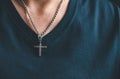 Christianity woman catholic with cross crucifix pray to god, person prayer in church concept of religion, spirituality, religious Royalty Free Stock Photo