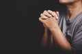 Christianity woman catholic hand pray and worship in the church, Hands folded in prayer concept for faith, spirituality and Royalty Free Stock Photo