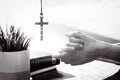 Christian hands worshiping and praying, bible and cross background Royalty Free Stock Photo