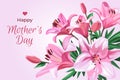 Vertical illustration for holiday - Mother`s Day. Bunner with text and pink flowers - Lilium isolated on light pink background.