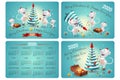 Pocket Calendar with symbols of 2020 new year - family of white rats or mouses, christmas tree and decor on blue background. Merry