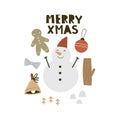 Merry xmas. Cartoon snowman, hand drawing lettering, dÃÂ©cor elements. holiday theme. Colorful vector illustration, flat style. Royalty Free Stock Photo