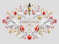 Horizontal banner with red, gold and silver Christmas symbols and text.
