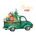 Christmas abstract retro car with Christmas tree,gifts and other decorations.