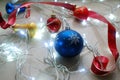 Christmas abstract set of ornaments and lights on neutral background. Royalty Free Stock Photo