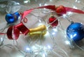 Christmas abstract set of ornaments and lights on neutral background. Royalty Free Stock Photo