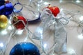 Christmas abstract set of ornaments and lights on neutral background. Royalty Free Stock Photo