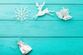 Christmas accessories and new year concept. copy space on blue wooden background. Top view