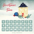 Christmas Advent calendar, background, poster with lantern, fir-tree and ball. Winter scene. Vector illustration for Royalty Free Stock Photo