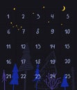 Christmas advent calendar design with hand drawn numbers, night winter forest illustration on background. Countdown to Royalty Free Stock Photo
