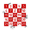 Christmas advent calendar design, hand drawn style illustration. Countdown to christmas, one page grid layout with large