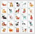 Christmas advent calendar with dogs. Funny Xmas poster with puppies, dogs wearing winter clothes, Christmas accessories