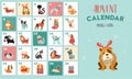 Christmas advent calendar with dogs. Funny Xmas poster with puppies, dogs wearing winter clothes, Christmas accessories