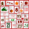 Christmas advent calendar in the form of paper cards with numbers and symbols of Christmas vector Royalty Free Stock Photo