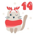 Christmas advent calendar with hand drawn cat. Day fourteen 14. Scandinavian style poster. Cute winter illustration for Royalty Free Stock Photo