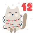 Christmas advent calendar with hand drawn cat. Day twelve 12. Scandinavian style poster. Cute winter illustration for