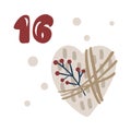 Christmas advent calendar with hand drawn element heart present. Day sixteen 16. Scandinavian style poster. Cute winter