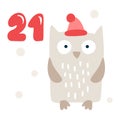 Christmas advent calendar with hand drawn element owl. Day twenty one 21. Scandinavian style poster. Cute winter Royalty Free Stock Photo