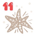 Christmas advent calendar with hand drawn element snowflake. Day eleven 11. Scandinavian style poster. Cute winter