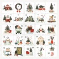 Christmas Advent calendar with hand drawn elements houses, cars, food, Christmas tree Royalty Free Stock Photo