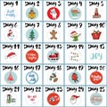 Christmas advent calendar. Hand drawn elements and numbers. Winter holidays calendar cards set design, Vector illustration Royalty Free Stock Photo