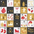 Christmas advent calendar. Hand drawn elements and numbers. Winter holidays calendar cards set design, Vector illustration Royalty Free Stock Photo