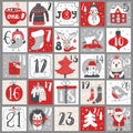 Christmas Advent calendar with hand drawn elements. Xmas Poster. Vector