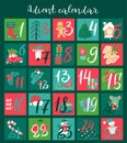 Christmas Advent calendar with hand drawn elements. Xmas Poster. Vector illustration for 25 december days Royalty Free Stock Photo