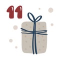 Christmas advent calendar with hand drawn gift box. Day eleven 11. Scandinavian style poster. Cute winter illustration