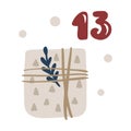 Christmas advent calendar with hand drawn gift box. Day thirteen 13. Scandinavian style poster. Cute winter illustration