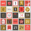 Christmas advent calendar, hand drawn style. Royalty Free Stock Photo