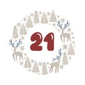 Christmas advent calendar with hand drawn wreath fir tree forest. Day twenty one 21. Scandinavian style poster. Cute