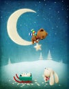 Christmas Adventure Bunny and Bear. Royalty Free Stock Photo