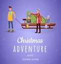 Christmas adventure flat banner vector template. Happy family, smiling parents with little kids buying fir tree cartoon