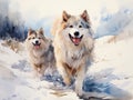 Christmas AI Generated Watercolor Artwork of two dogs
