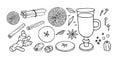 Christmas alcoholic drinking. Mulled wine ingredients set. Fruit mulled wine recipe. Doodle Outline vector illustration Royalty Free Stock Photo