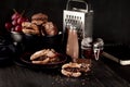 Christmas almond cookies and chocolate milkshake on dark wooden Royalty Free Stock Photo