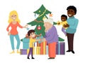 Christmas amicable family holiday, character people parent, grandparent present box gift children flat vector