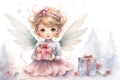 Christmas Angel. Cute fairytale XMas baby fairy with wings and Christmas gifts. Watercolor illustration. Cartoon Royalty Free Stock Photo