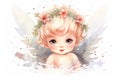 Christmas Angel. Cute fairytale XMas baby fairy with wings, Illuminated by Twinkling Stars. Watercolor illustration Royalty Free Stock Photo