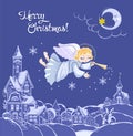 Christmas angel pours / scatters snow over city. New year card or poster. Family holiday and waiting for gift. Spirit of Christmas