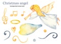 Christmas angel with trumpet watercolor clipart, notes, treble clef, halo